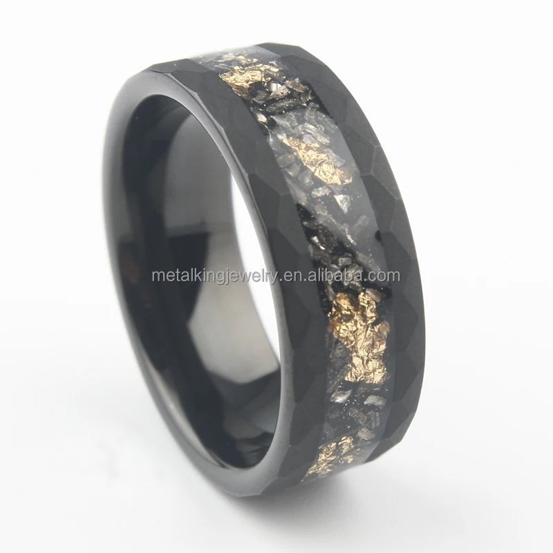 Meteorite and Gold Leaf  Ring, Black Sandblasted Hammered Tungsten Ring, Wedding Band for Men