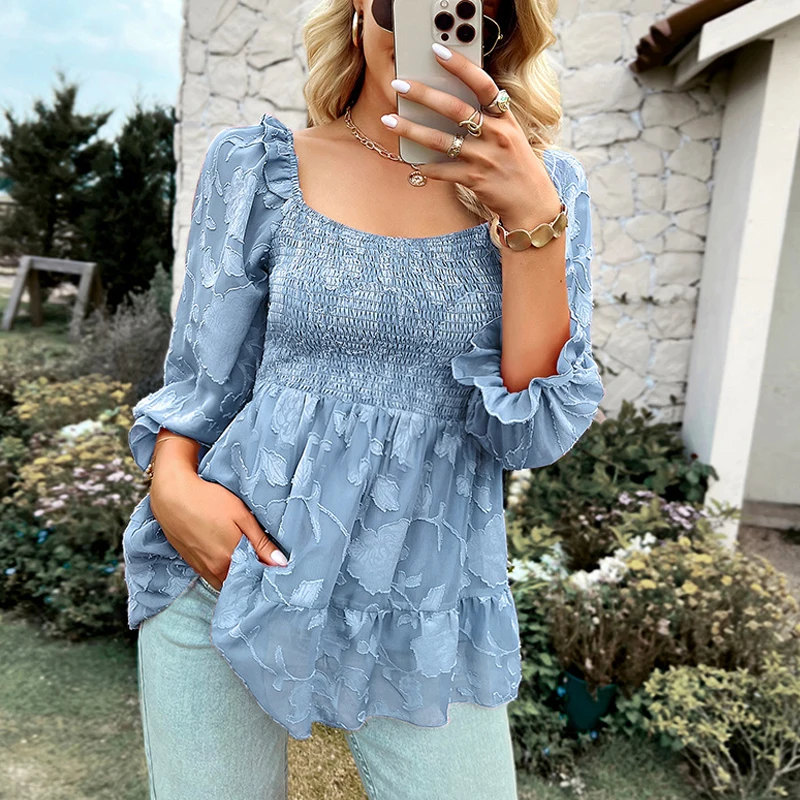 Custom Ruffle Floral Tops For Women Shirts Summer Long Puff Sleeve 2023 Fashion Ladies Chiffon Blouses Elegant Women