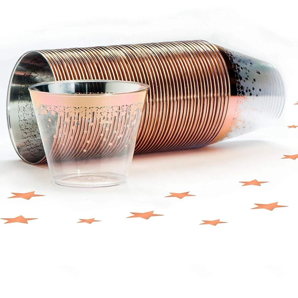 Elegant Rose Gold Rimmed 9 oz Clear Plastic Tumblers Cup