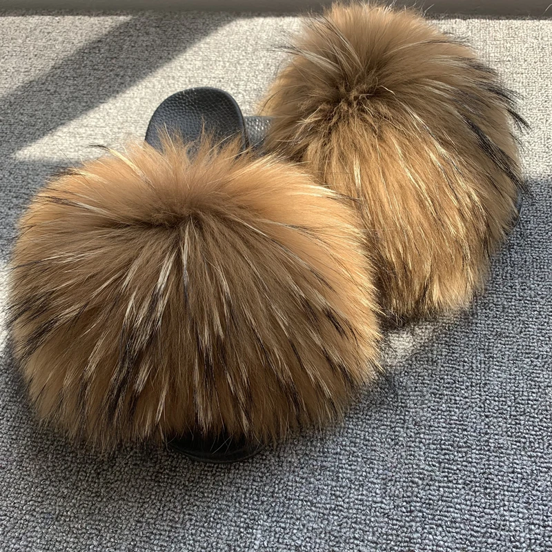 
Wholesale women real big fluffy fur slippers natural fur slides sandals slippers with thick fur 