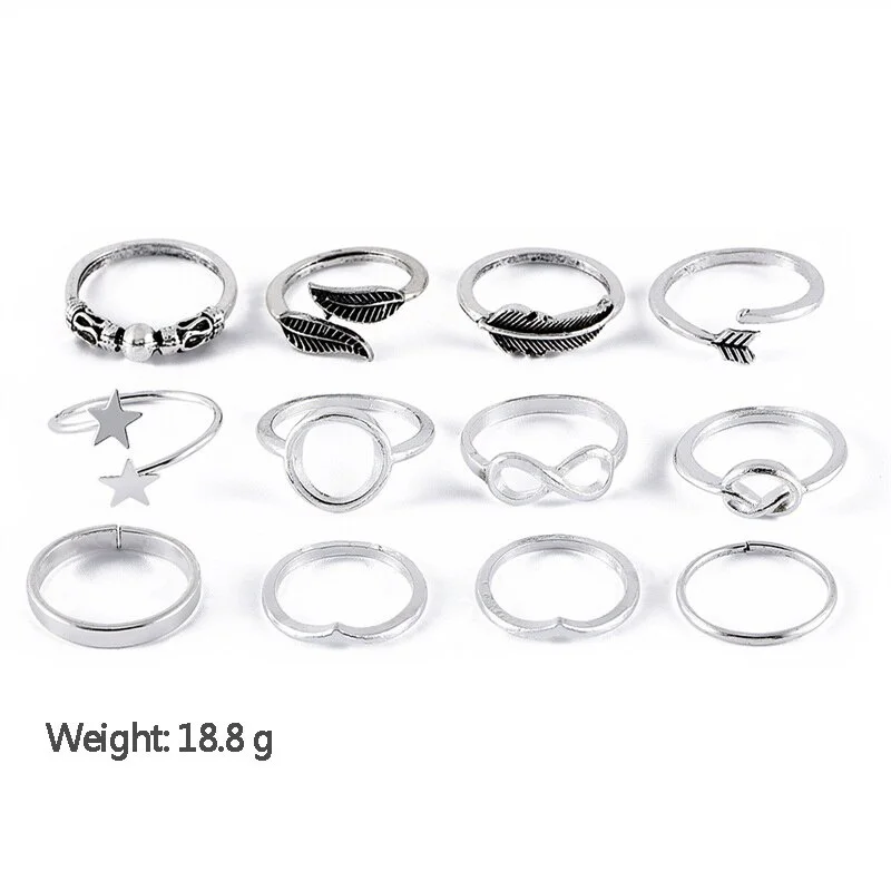12 Pieces/set Fashion Color Silver Exquisite Ring for Women Leaf Geometric Opening Ring Set Gift Jewelry Accessories
