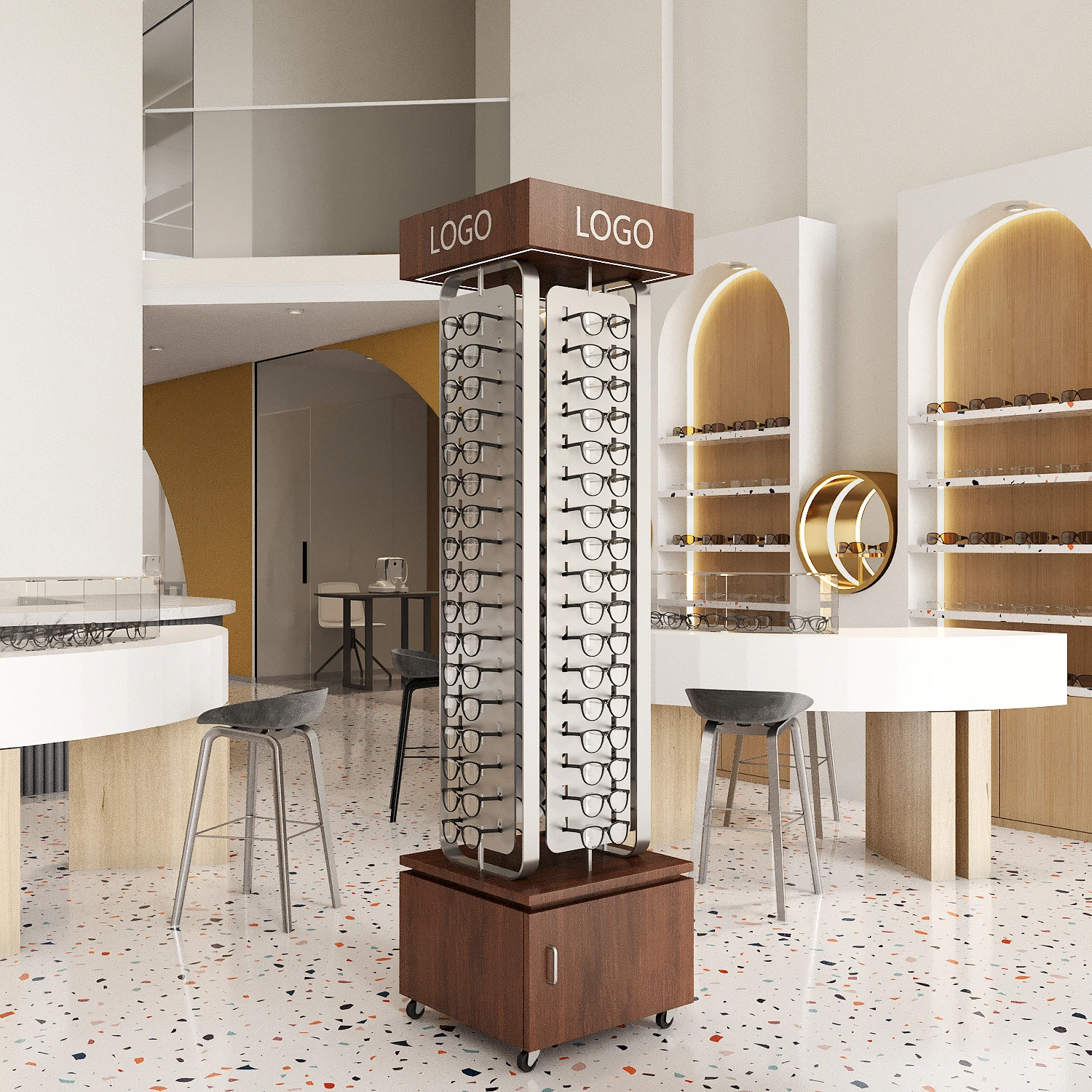 Yiree shop case brand quality wood 68 pairs rotating eyewear displays sunglasses cabinet revolving showcase