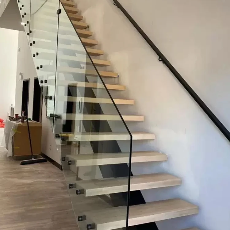 Classic Contemporary Wooden Design Teak Wood Staircase With Wood Tread Glass Railing