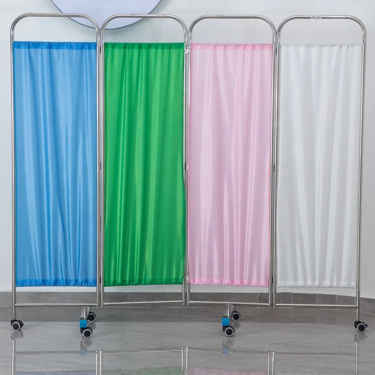 Medical Stainless Steel Movable Hospital Bedside Ward Screen 4 Panel Folds Ward Folding Screen With Wheels