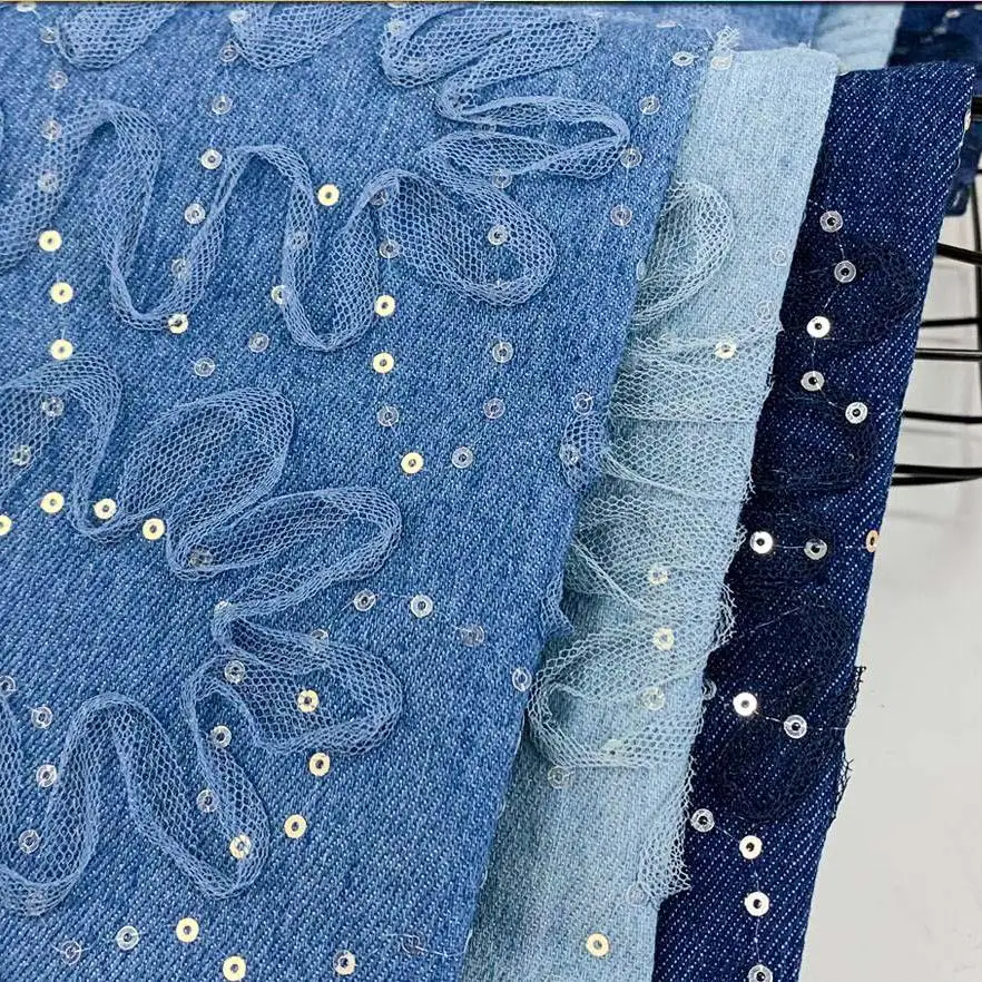 Denim Fabric Wholesale Polyester Cotton Lace Bead Embroidered Denim Fabric For Clothing Diy Decoration