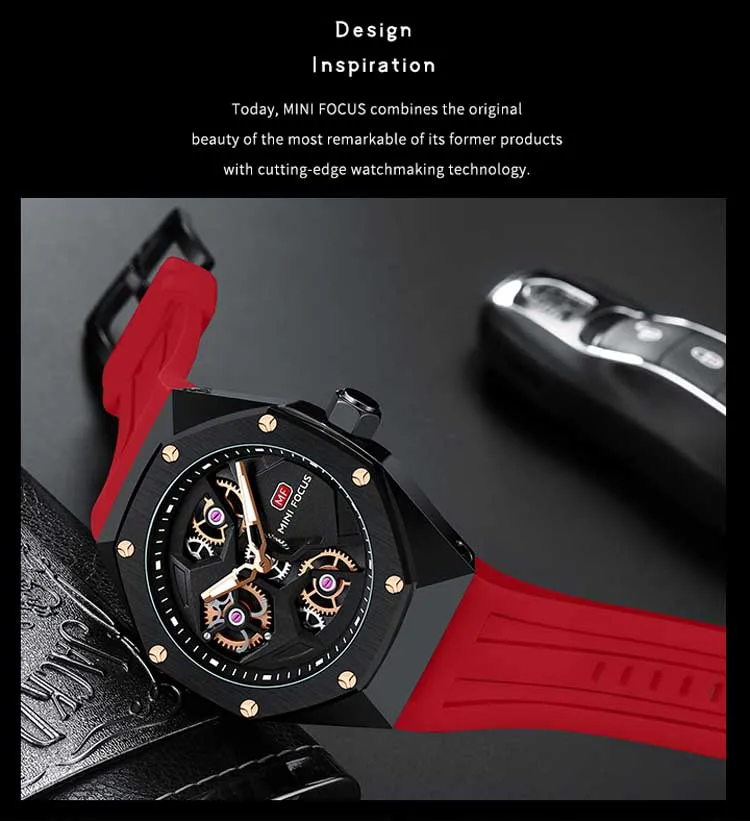 Mini Focus MF0422G Wholesale Blue Gents Quartz Watch Stylish Silicone Band Water Proof Skeleton Vintage Casual Wrist Watch