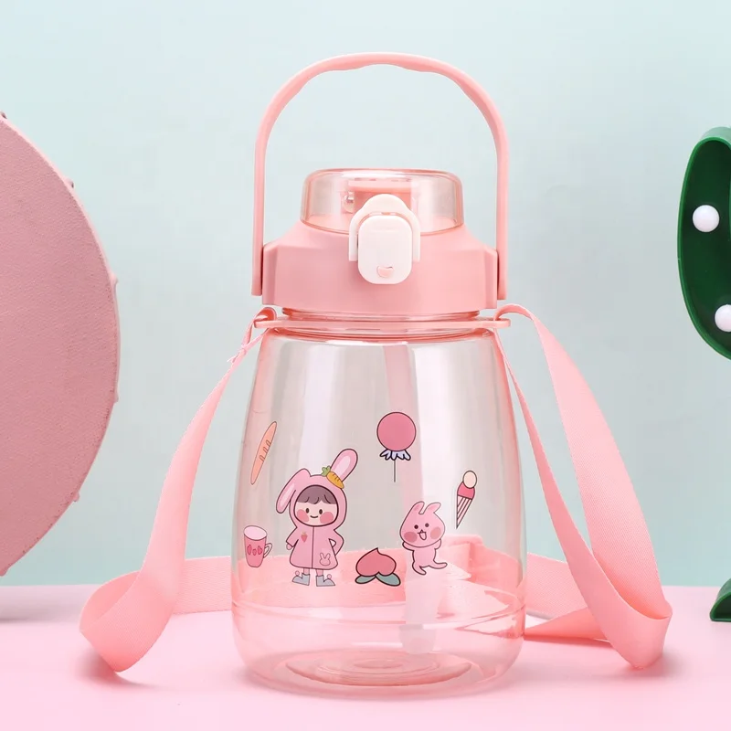 Cute large capacity plastic cup with straw potbelly summer Internet celebrity portable sports water bottle
