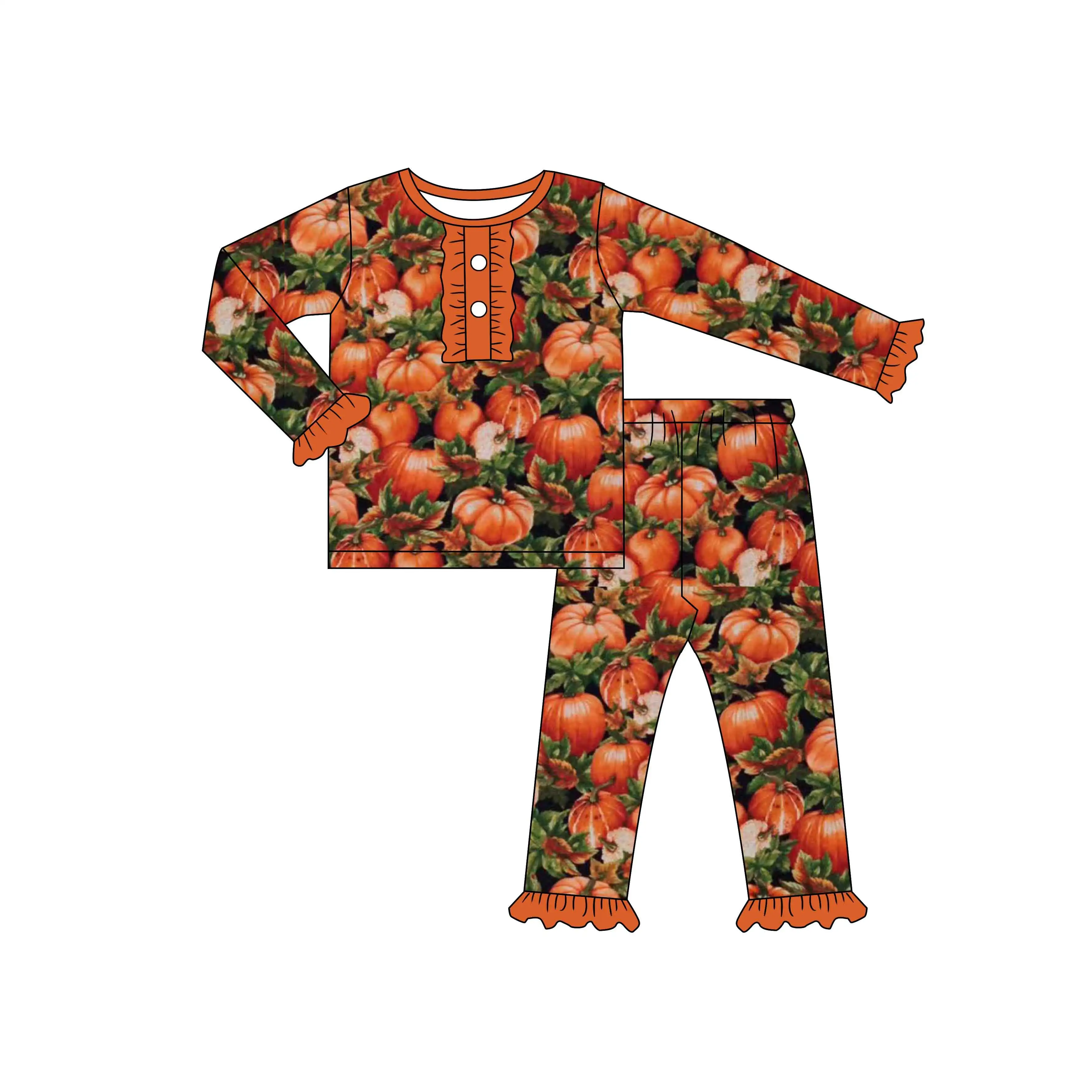 Custom autumn pattern kids girls twirl dress milk silk fabric long sleeve kids baby pocket dress