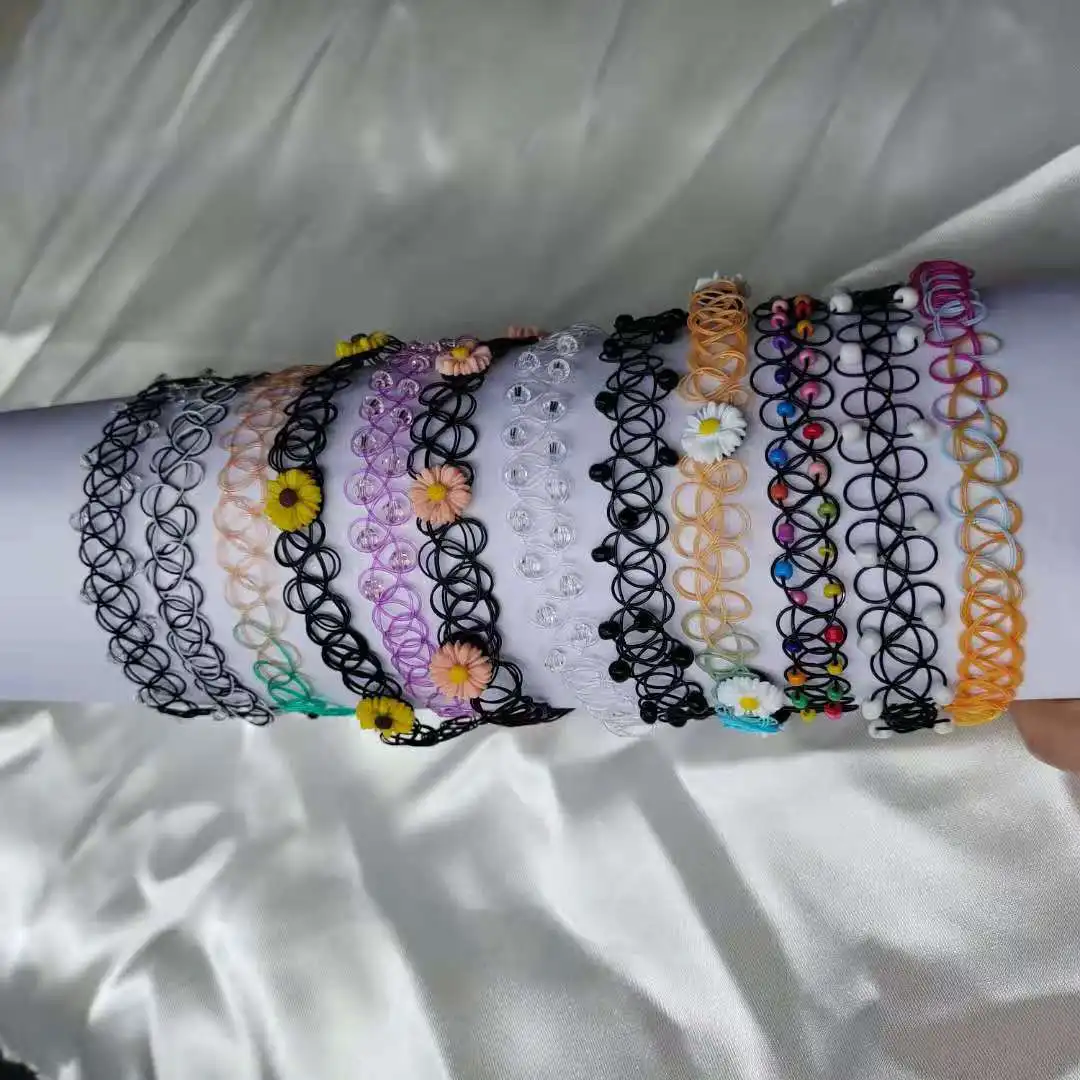 12Pcs/Set Colorful Collar Stretch Tattoo Choker Necklace Women Punk Gothic Elastic Hollow Fishline Flower Pendants Necklaces