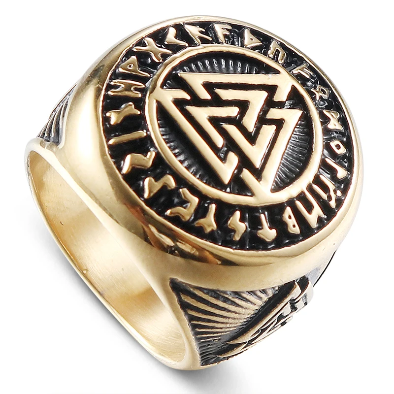 Gold Ring For Men Finger Stainless Steel Classic 316L  Biker Punk Rock Head Viking Symbol