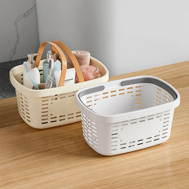 Portable small white plastic laundry shower caddy picnic food organizer storage basket with handle holes