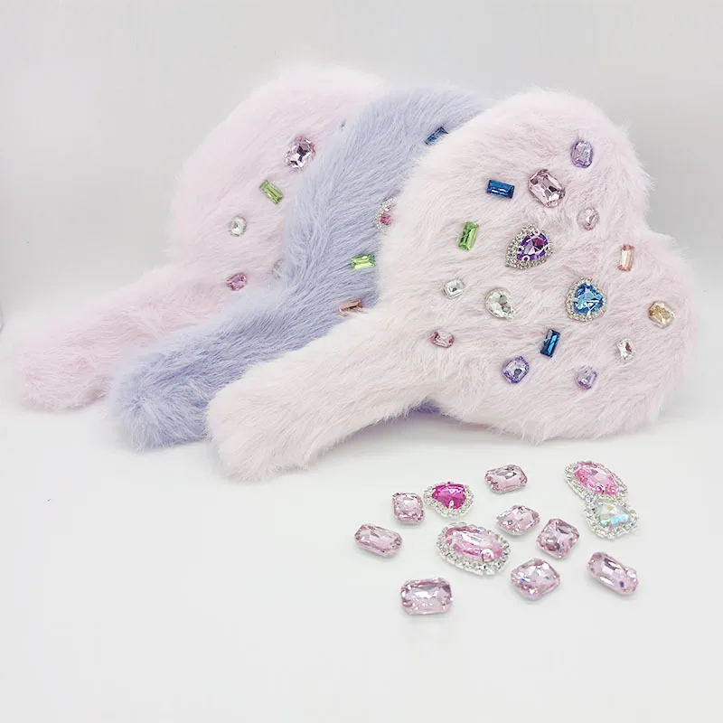 2023 Private Label Hand Held Mirrors Mini Cosmetic Makeup Mirror Bling Diamond Rhinestone with Fur Handheld Mirror 10 Glass