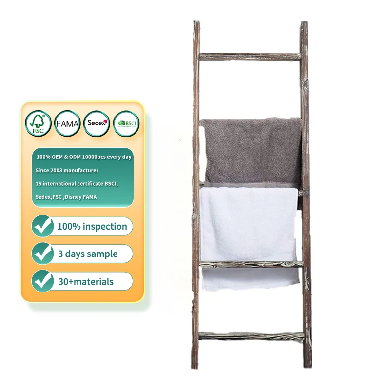 Blanket Ladder 5 ft. Premium Wood Rustic Decorative Quilt Ladder White Vintage Wooden Decor Throw Blankets Holder Rack
