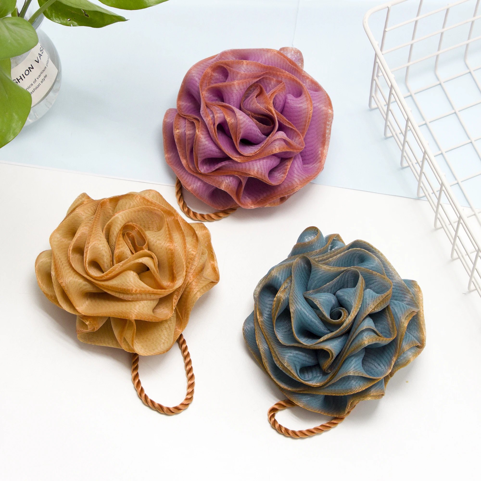 Custom Loofah Sponge Flower Shape Rose Mesh Pouf Exfoliating Shower Bath Sponge Scrubber Ball Luffa Sponge