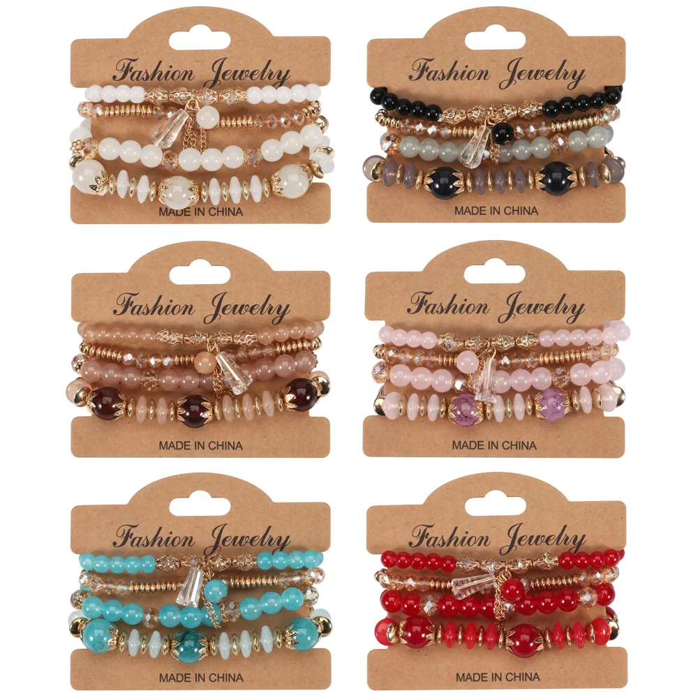 Imitation agate beaded bracelet Colored glass bracelet Bohemian style electroplated crystal bracelet 4 sets