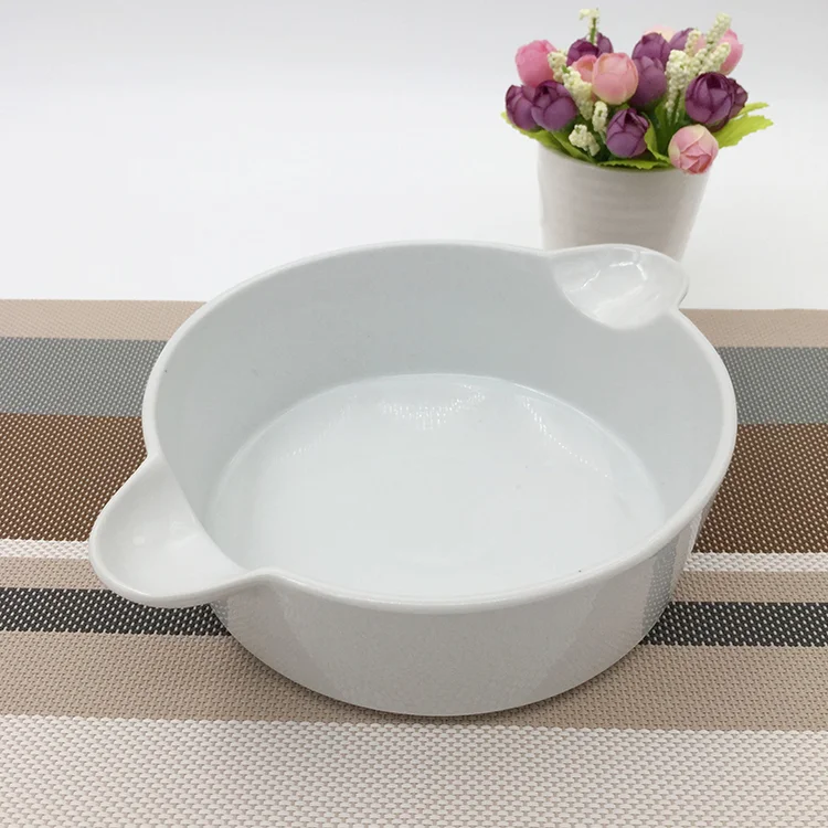 High quality wholesale cheap two handle round  porcelain soup bowl bakeware for daily use ceramic for hotele