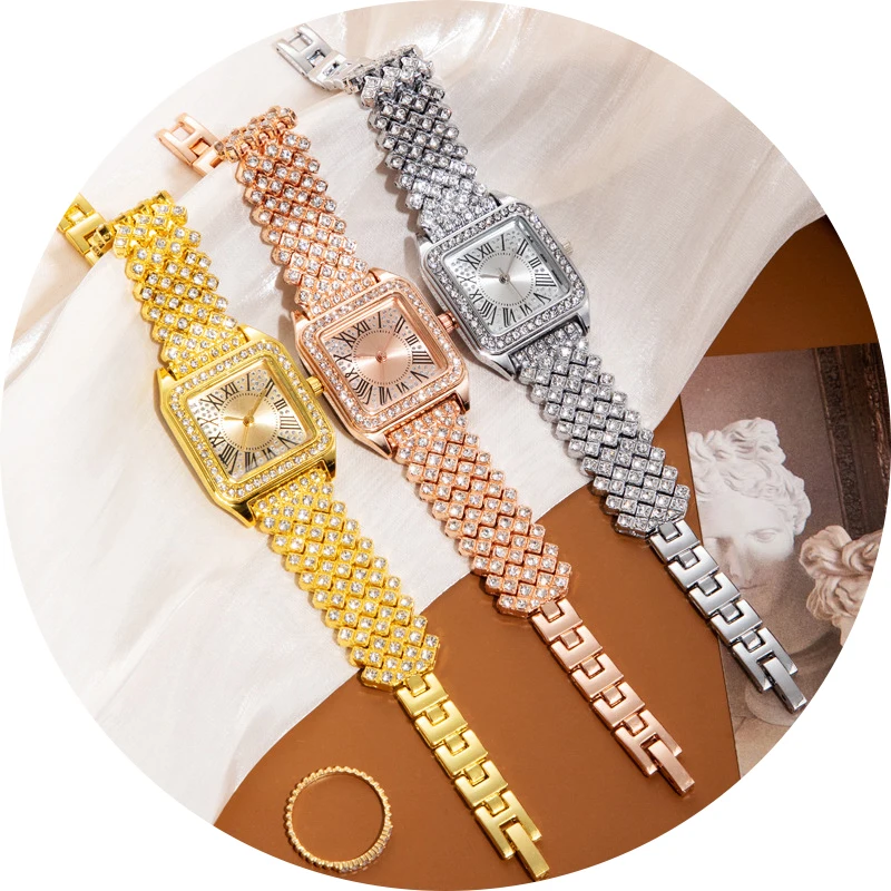 Оптовая продажа, Лидер продаж, римские изысканные кварцевые часы с бриллиантами, квадратные кварцевые часы из нержавеющей стали для женщин