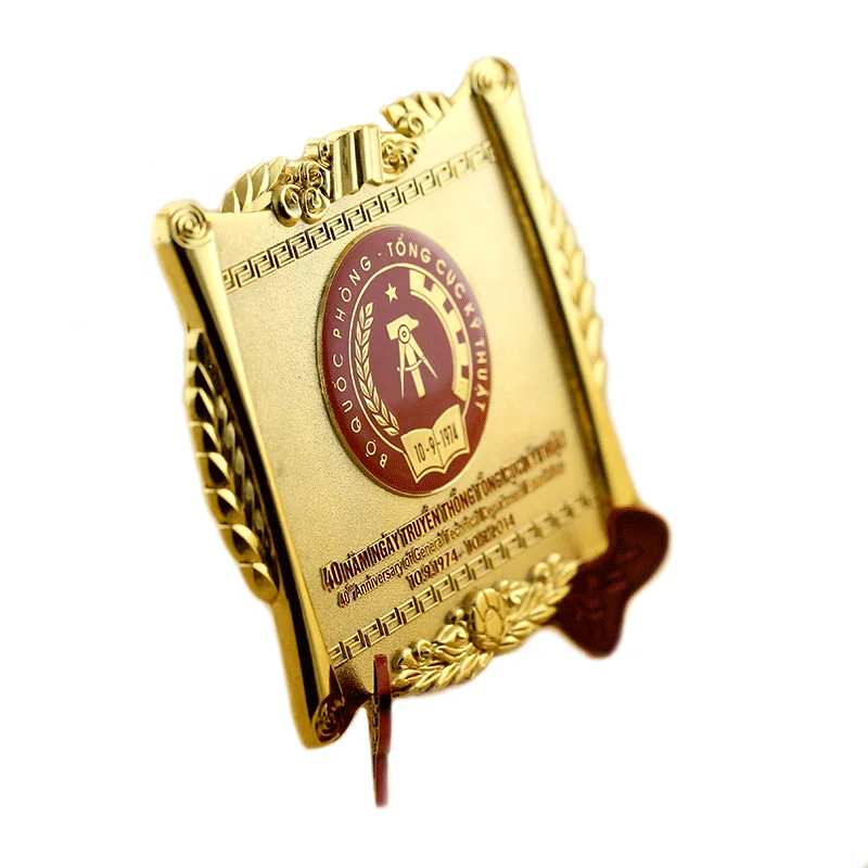 Vietnam decorative square shape souvenir honor gold plated metal plate with box