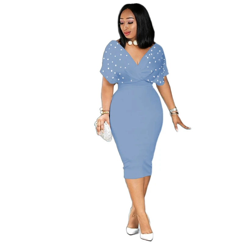 
Sexy butterfly sleeves V-neck solid color elegant bag hip pencil skirt plus plain fashion pearl professional tight dress 