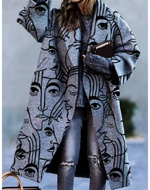Women Coat Winter Long Sleeve Lapel Jacket Printed Wool Long Winter Cashmere Coats for Ladies Women