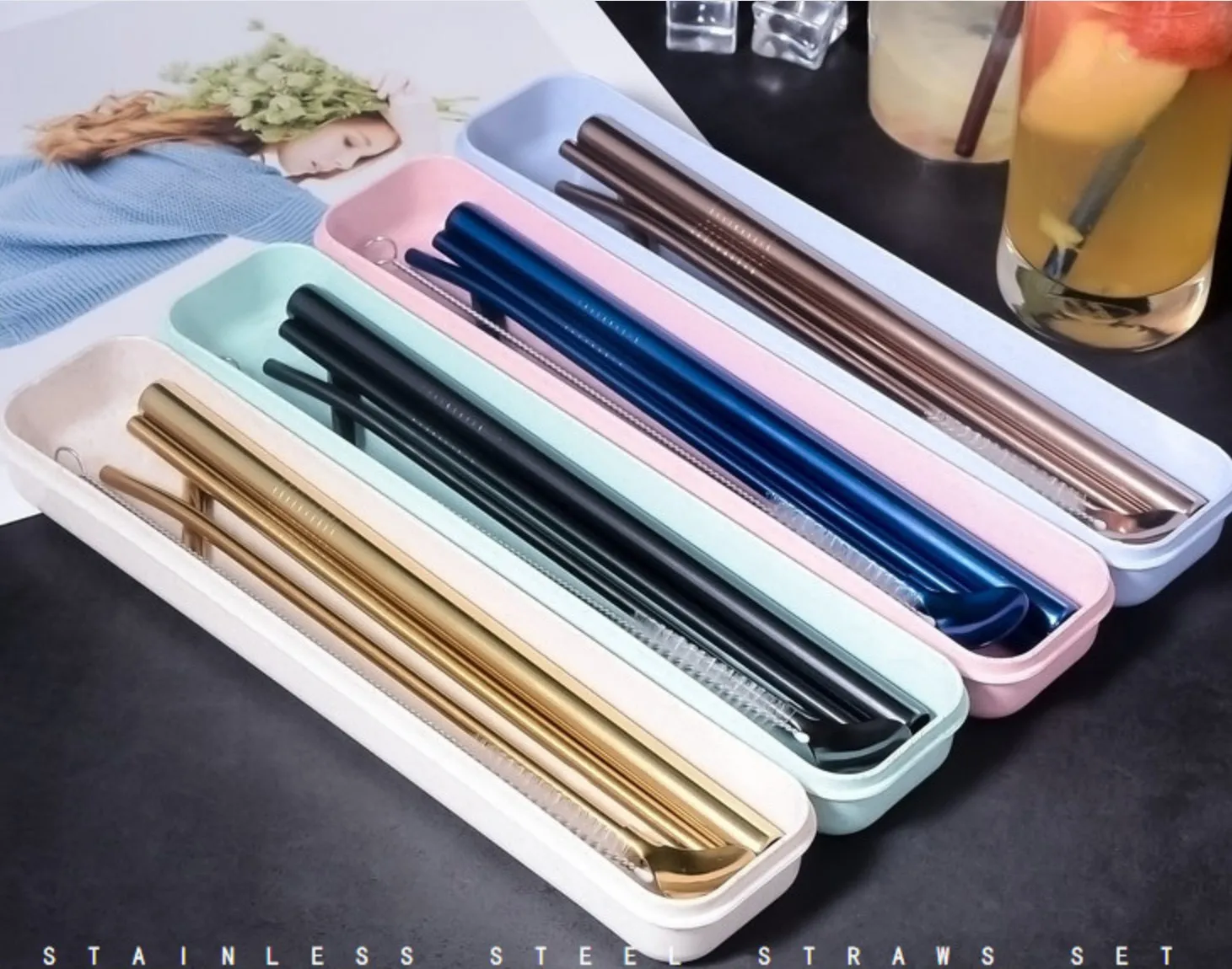 SMT 6PCS Reusable Boba Metal Straws Stainless Steel Drinking Straw Set With Spoon Cleaning Brush & Travel Case