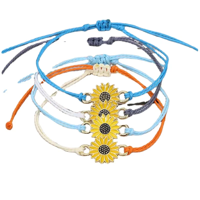 Multiple Colors Available for Minimalist Style Wax Thread Handwoven Sunflower & Daisy Bracelet Spot Wholesale