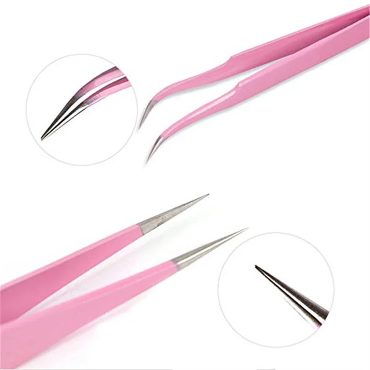 Custom Stainless Steel Pink Nail Straight And Curved Tip Tweezers 2pcs Set For Eyelash Extensions Nail Art Sticker Picker