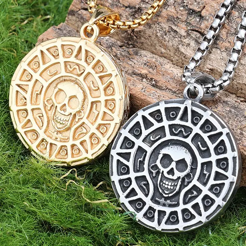 Mens Stainless Steel Gothic Punk Signet Jewelry Biker Pendant Necklace Water Proof Stainless Steel Circle Skeleton Skull Pendant