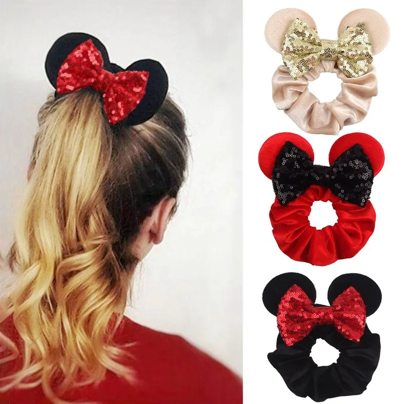 Jiamu Hot Selling Mouse Bows Scrunchies With Sequins Ears Hair Ring Velvet Headwear Elastic Mouse Ears Hairband For Women Girls