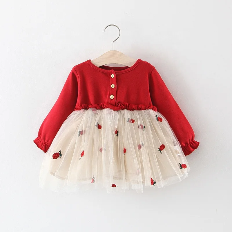 Baby Girl Winter Clothes Cotton Long Sleeve Pure Color Pineapple Embroidered Patch Mesh Tutu Dress Girl Spring Princess Dress