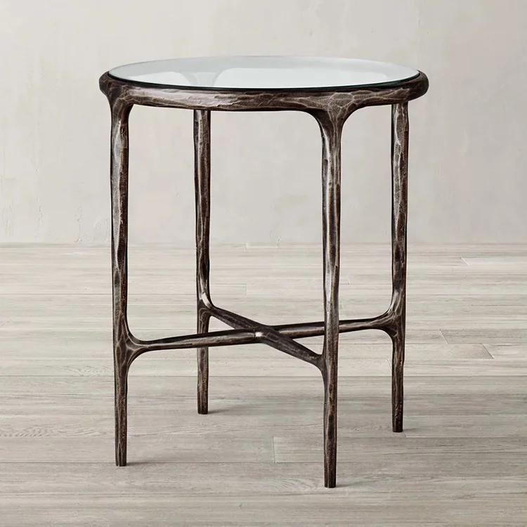 AIRFFY OEM/ODM Wholesale Natural Marble Hand Forged Metal Coffee Table Hammered Round Bed Side Table