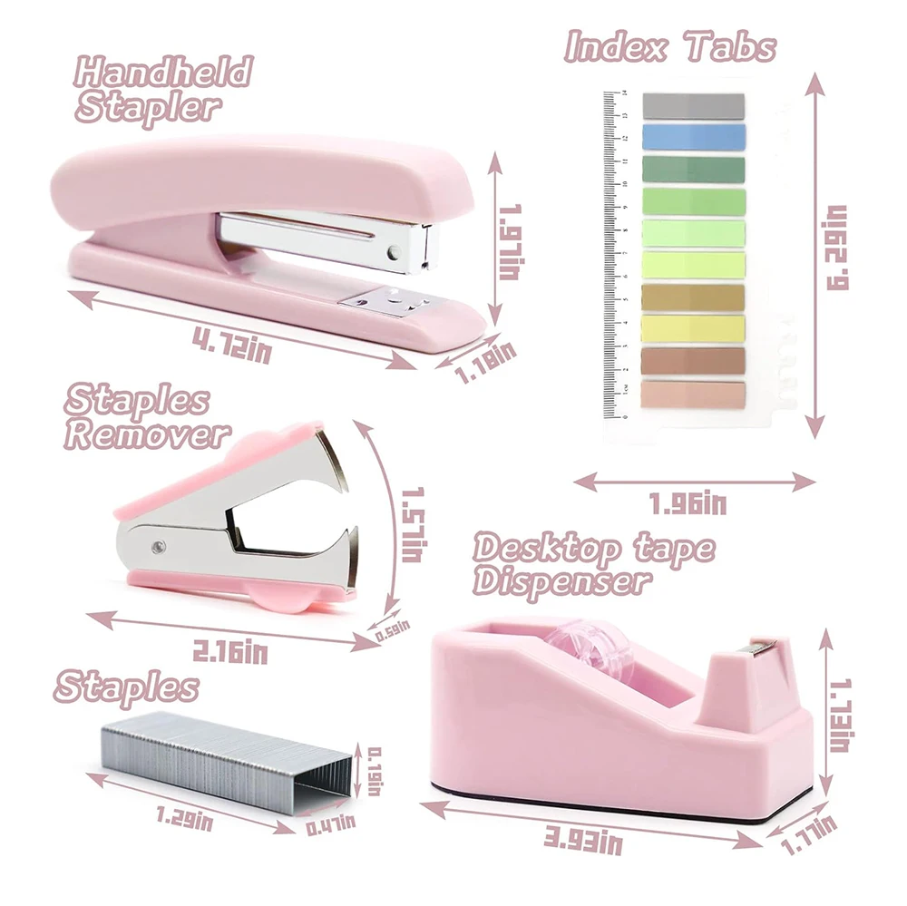 Pink Desk Accessories Staple Remover Paper Clips Scissor And Stapler Tape Dispenser Set For Students