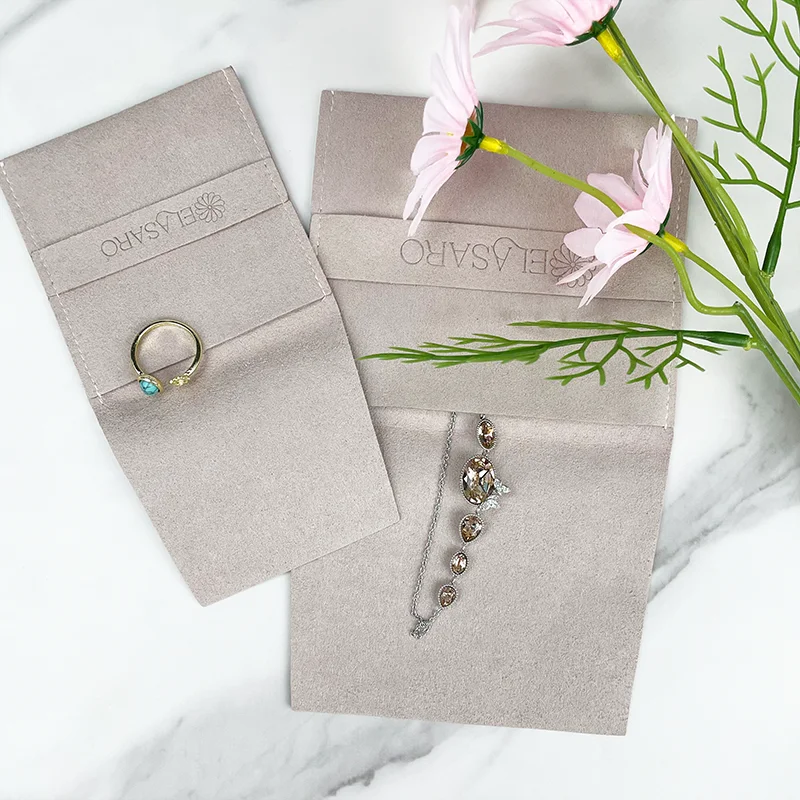 Custom Low MOQ Luxury Fold Small Suede Velvet Gift Envelop Pouch with Leather Drawstring Fashion Jewelry Bag