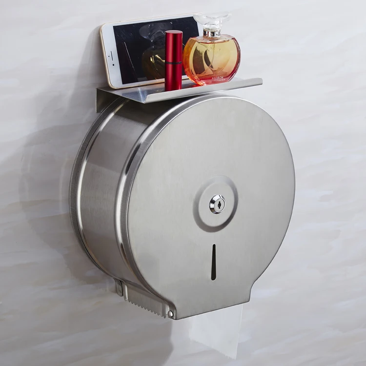 Stainless Steel Wall Mounted Brushed Finish Multifunctional Jumbo Toilet Roll Holder Dispenser with Mobile Phone Shelf Rack