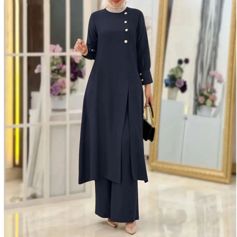Wholesale Turkey Muslim Suit Abaya Modest Set Solid Long Shirt Wide Leg Pant Women Long Tunic Tops And Pants Muslim 2 Piece Set