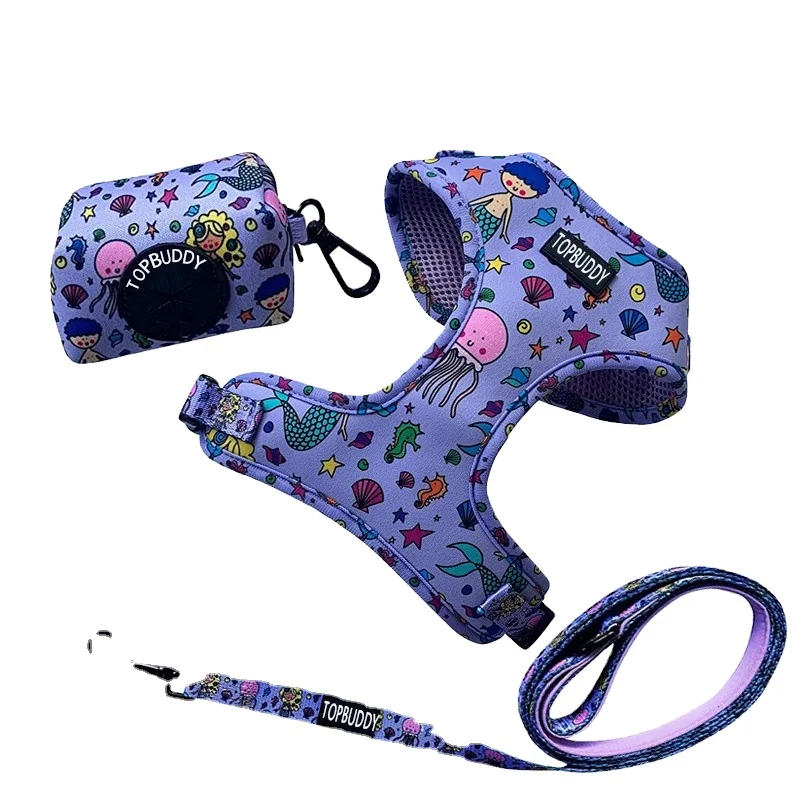 Soft Breathable Harness Set Adjustable Harness Dog Lead and Poo Bag Holder Durable Dog Harness with soft Padded