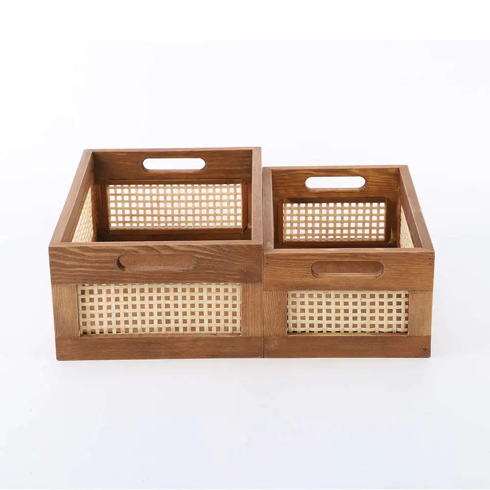 Office Supplies Wooden Desks Baskets Rectangular Rattan Woven Storage Basket Bamboo Storage Boxes