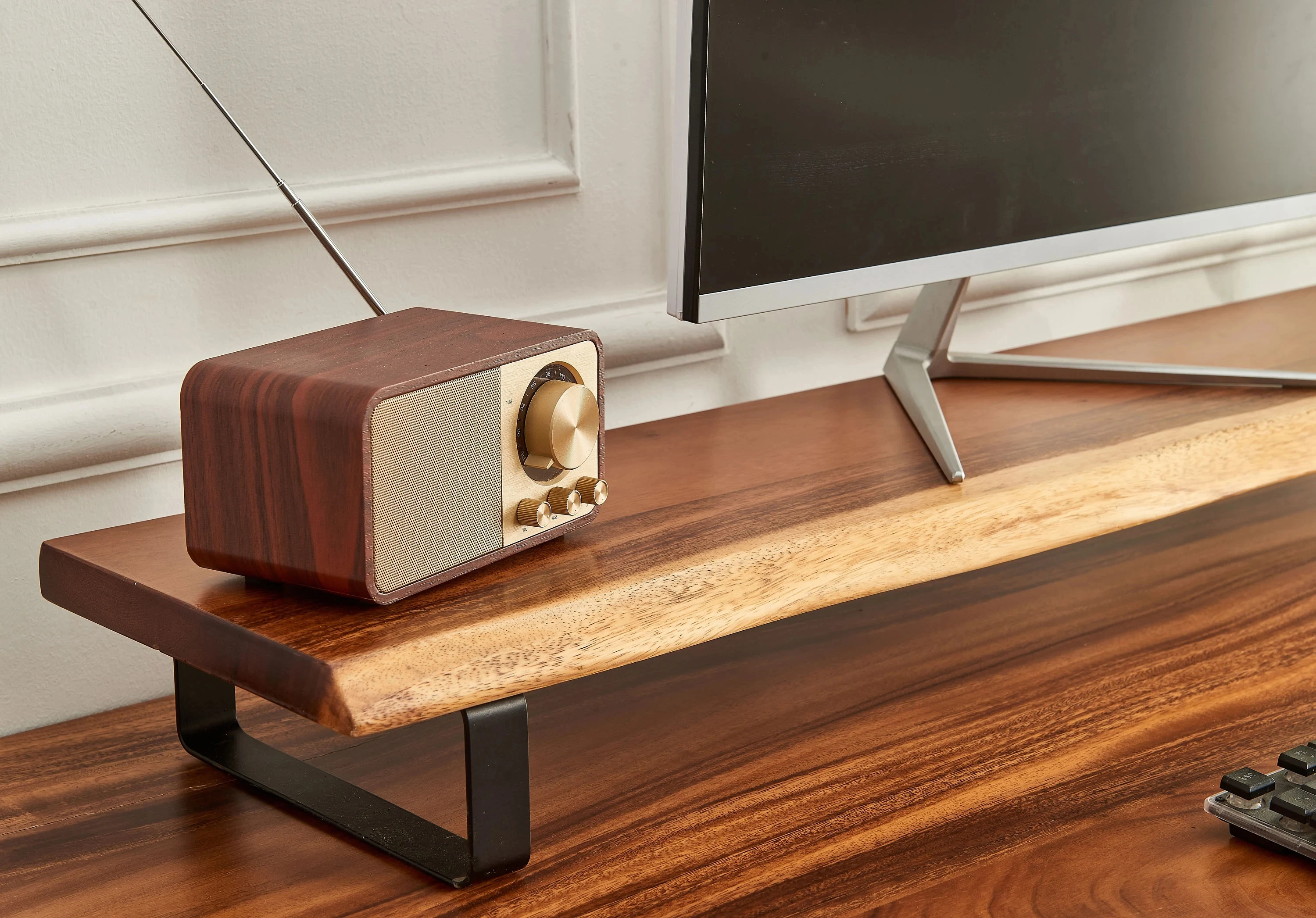 Wood Steel Monitor Stand Riser Solid Wood Engineered Wood Monitor Riser Multi Purpose Desktop Storage Stand for Computer