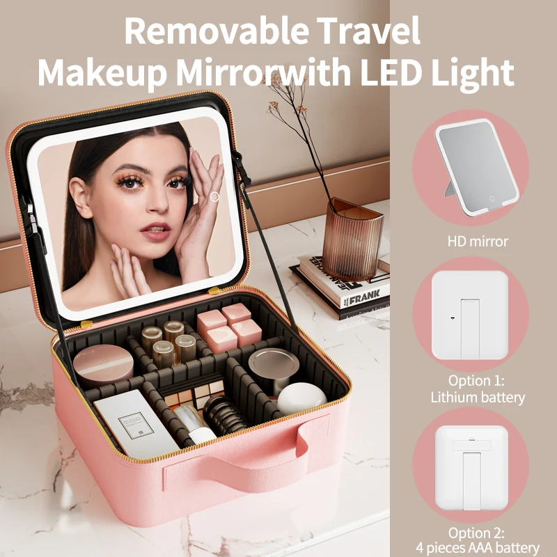 Wholesale Custom Logo Pink Vanity Pu Leather Box Make Up Organizer Travel Makeup Bag Case With Led Light Mirror