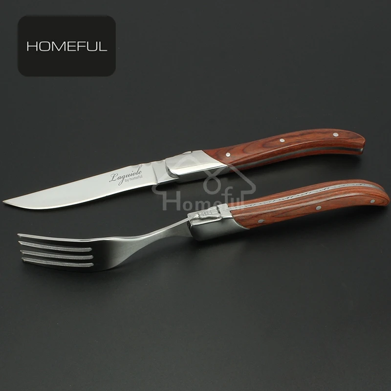 luxury pakka woodhandle stainless steel flatware set steak knife set with laguiole table steak knife fork