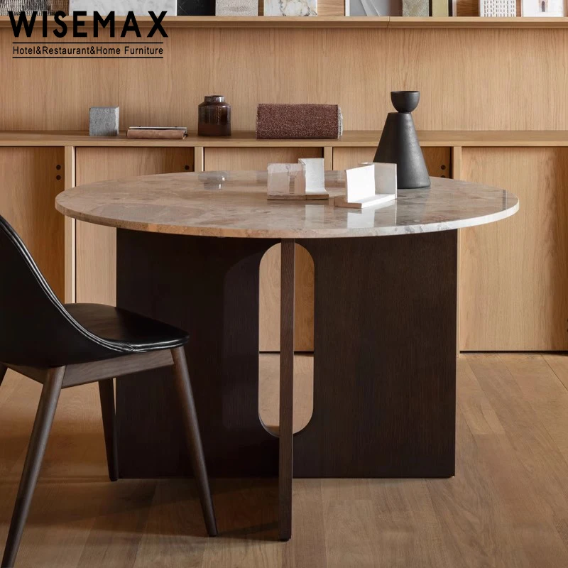 WISEMAX FURNITURE Classic style home furniture stable solid wood terrazzo round walnut dining table and chairs for dining room