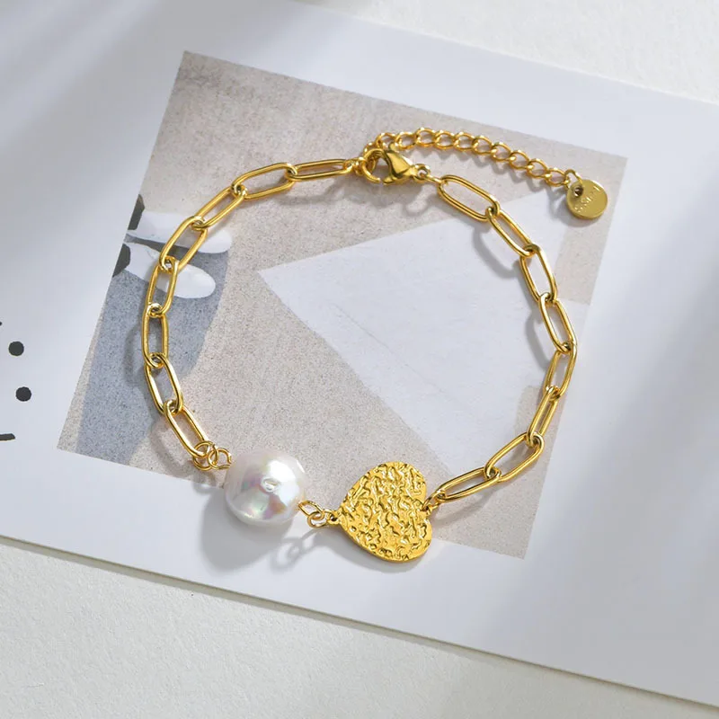  Fashion gold silver fresh pearl heart charm bracelet stainless steel women For Women Wholesale