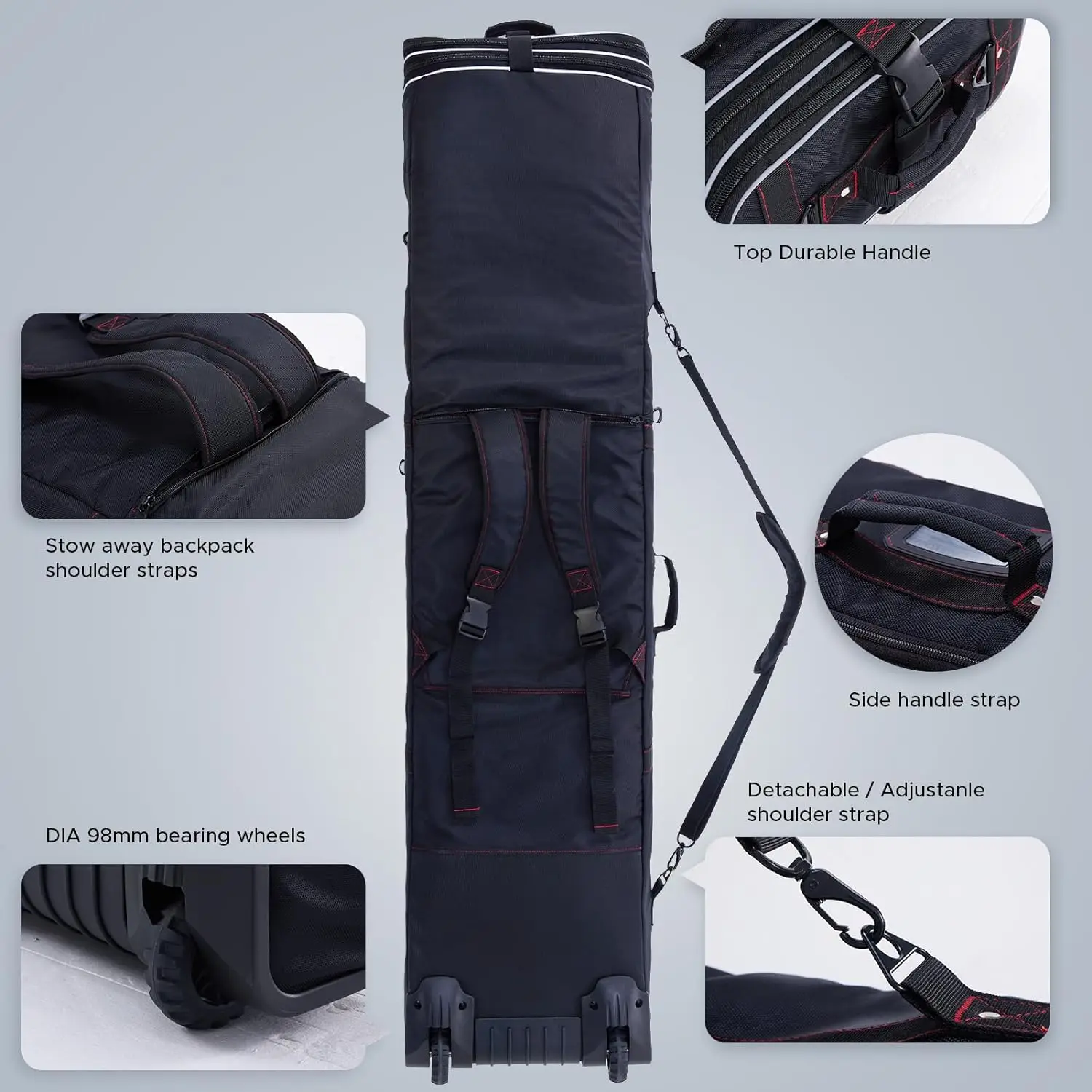 Padded Snowboard Bag with Wheels- Snow Ski Bags for Air Travel Adjustable Length 61-70In Large Capacity with Water-Resistant