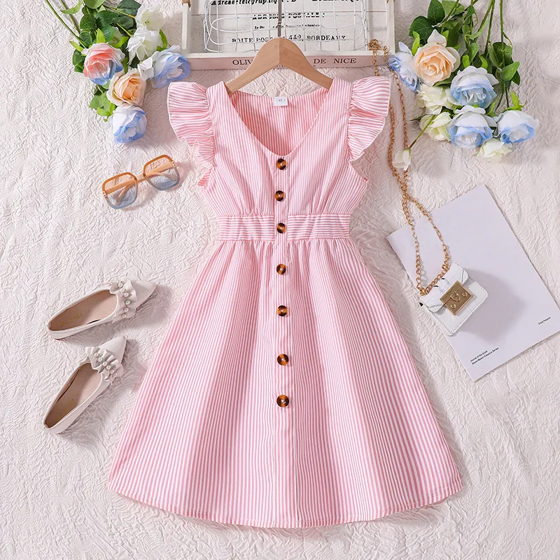 10-12 Years old Children Clothes 2024 Summer New Fashion Flying Sleeve Striped Princess Teenage Girls Dress