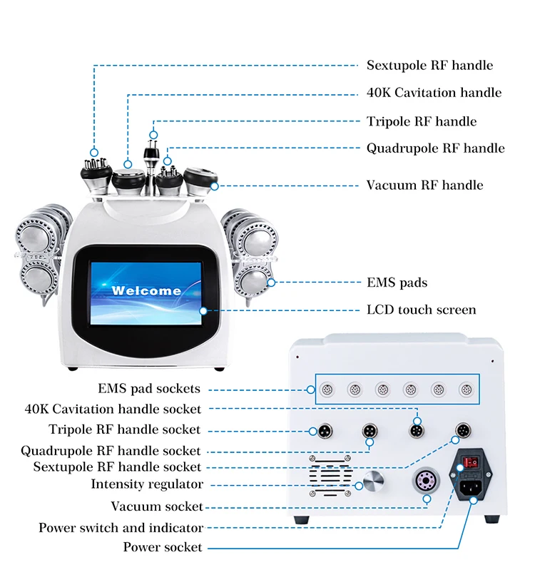 6 in 1 High Quality 80k / 40k Vacuum Cavitation System Body Shaping Rf Cavitation Slimming Machine 80k with 6 EMS Pads