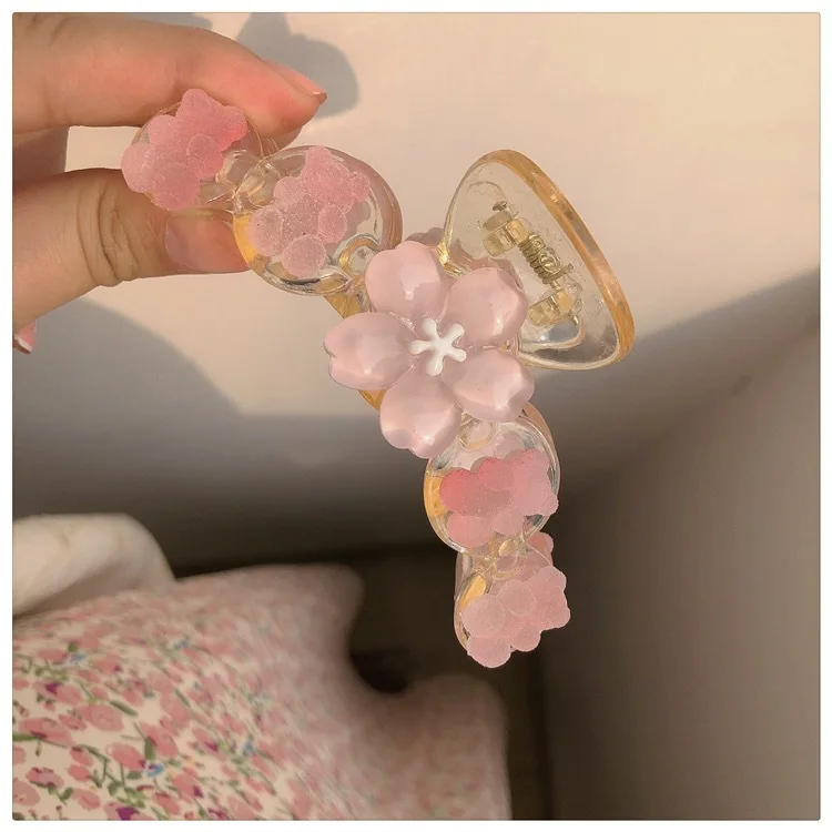 RARA 10CM  New Fashion Wholesale Hair Accessories Hair Clip Ins Transparent Sakura Bear Camellia Flower Plastic Hair Claws