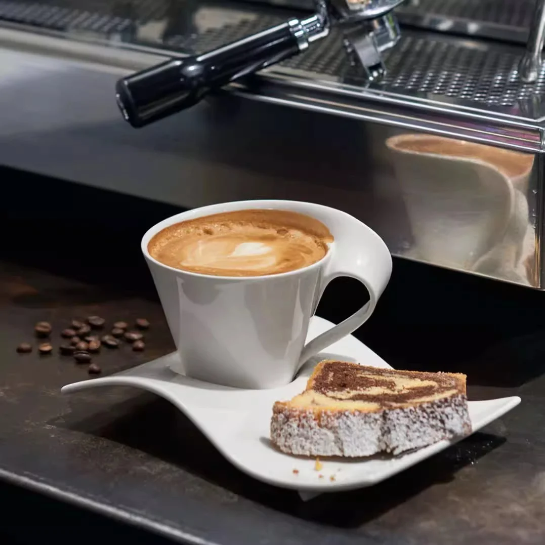 OEM Wave Mugs Hotel White Ceramic Espresso 2.5 OZ Wave Coffee Cup With Saucer For Dessert  Porcelain Cup Set Latte 8oz Capccino