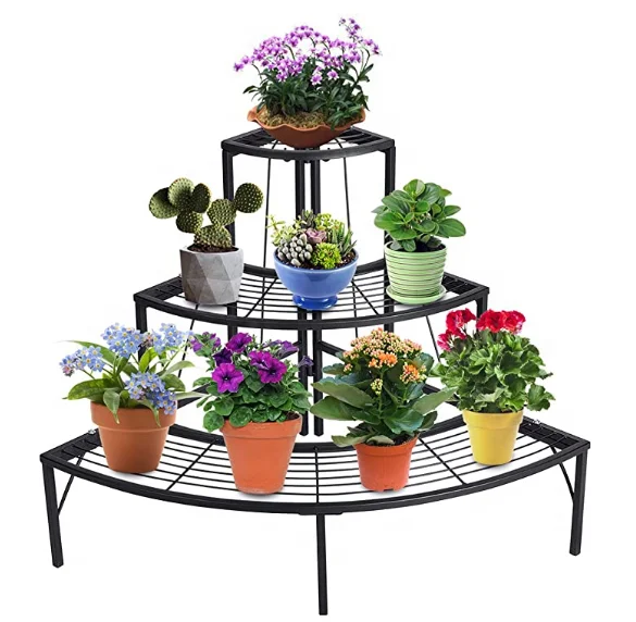Outdoor Black Planters Display Holder Flower Pot Rack Quarter Round Plant Corner Shelf 3 Tier Plant Stand Indoor Metal Iron