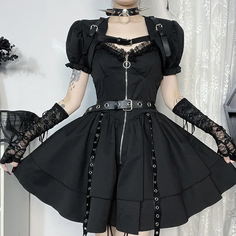 Y2K Black Gothic Lolita Shoulder Top Girl Punk Style Bandage Mini Dress Women Sexy Dresses Club Clothes
