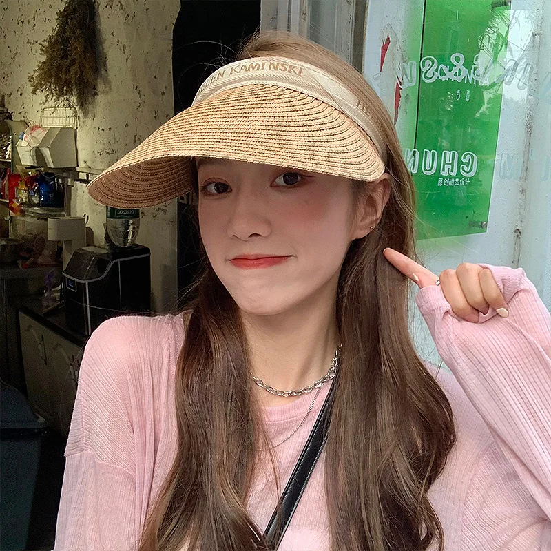 2022 trend sun hat ladies summer sun protection straw hat all-match riding headband empty top sun hat